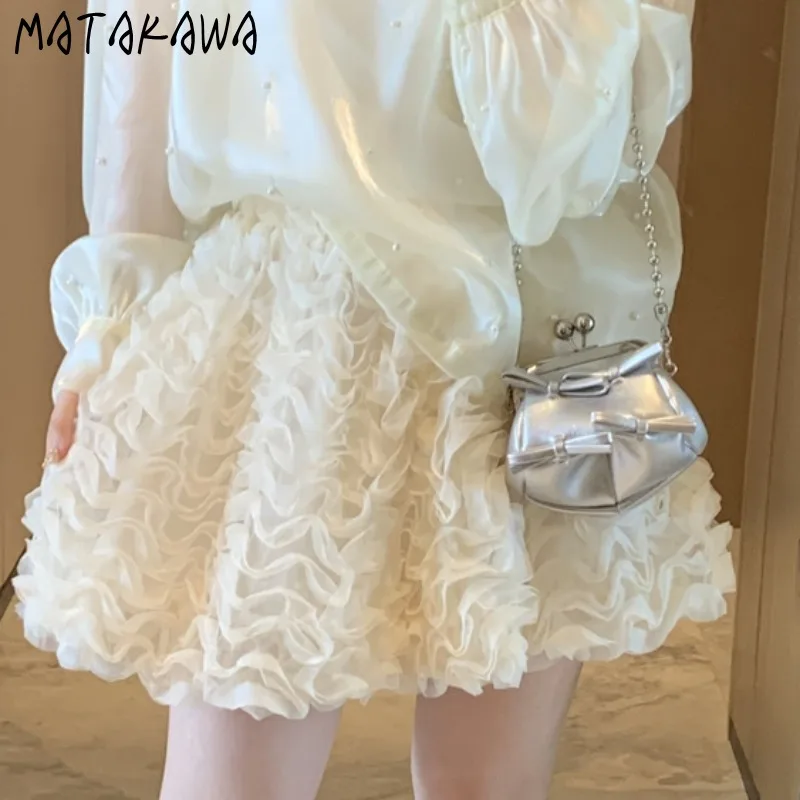 Matakawa 3D rok kelopak Wanita padat musim semi musim gugur manis A-line Faldas Mujer Mode Korea Mesh Vintage elegan rok Mini