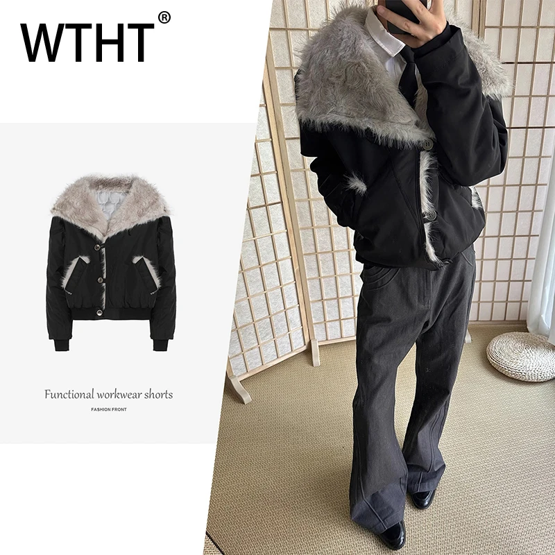 

WTHT Trendy Men's Spliced Thicken Loose Design Coats Fashion 2025 Autumn Long Sleeves Turn Down Collar Jackets Male 2A2383