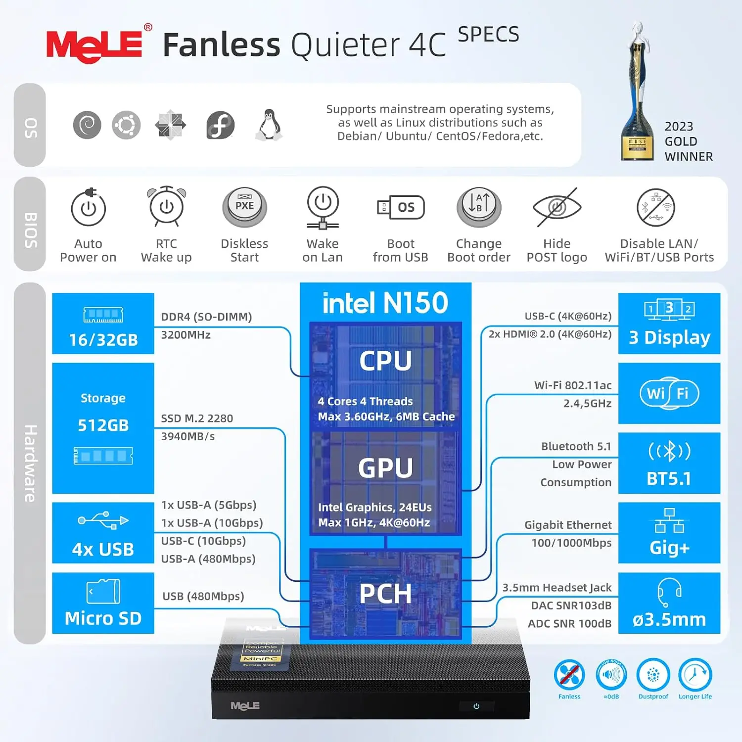 MeLE Quieter4C N150 Fanless Mini PC,8GB RAM DDR4 256GB SSD Micro Desktop Computer,Dual HDMI,Support 4K Triple Display USB3.2,USB-C,WiFi5 BT5.1,Small Portable PC Industrial Business view 3