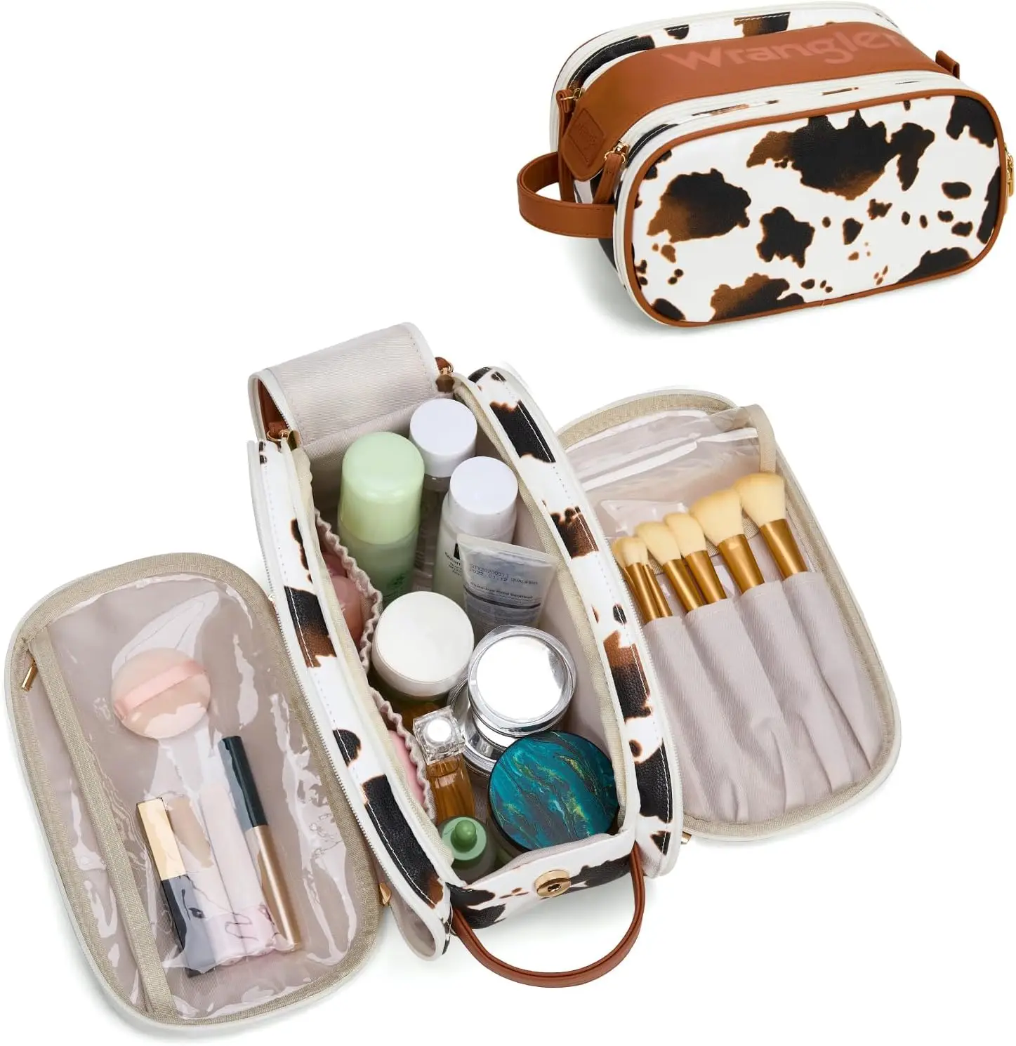 Montana West X Wrangler Large Makeup Bag Travel Toiletry Bag Portable Cosmetic Bag Make Up Organizer with Divider and Handle for Women