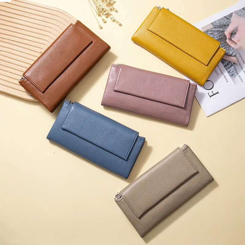 Large wallet Genuine Leather Long Wallet for Women,3 Fold Top Grain Cowhide Clutch with Separate Zipper Coin Pocket & Phone Slot