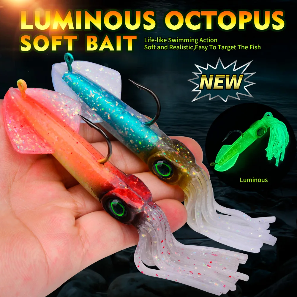 Proberos 1 Stück Leuchtender Tintenfisch-Softköder mit schwerem Blei-Jighaken, Salzwasser-Süßwasser-Swimbait zum Schleppangeln, für Lachs, Barsch, Forelle – Detail 1