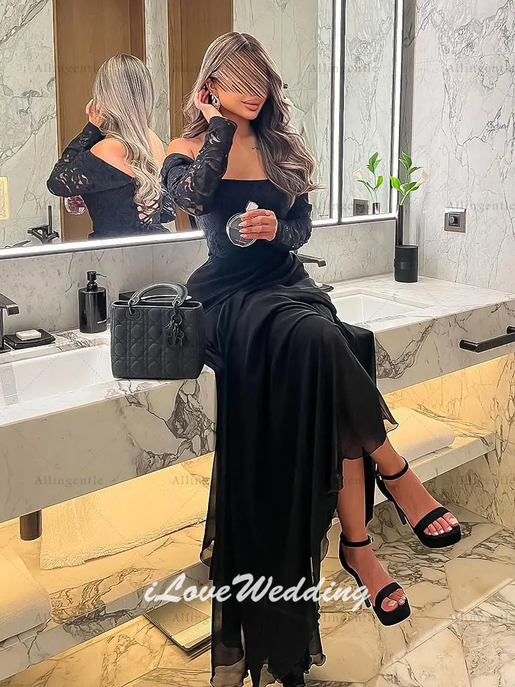 Robe de soirée noire deux pièces, manches longues, épaules dénudées, dentelle, élégante, ligne a, robe de bal pour femmes, robe d'invitées de mariage personnalisée