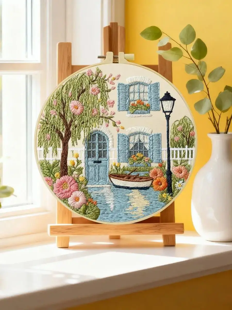 1 Stück 20X20CM/15X15CM 7,87/6,3 Zoll Landschafts-Stickerei-Starter-Kit DIY-Kit DIY-Stickerei-Set Handarbeiten Heimdekoration – Detail 6