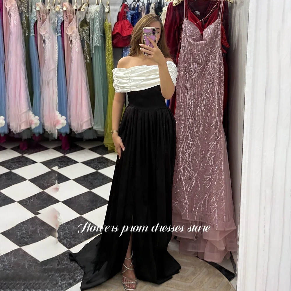 

Flowers Off Shoulder Party Dress A Line Prom Dress Pleats Evening Dress Satin Formal Occasion Dress for Arabic Women Customized