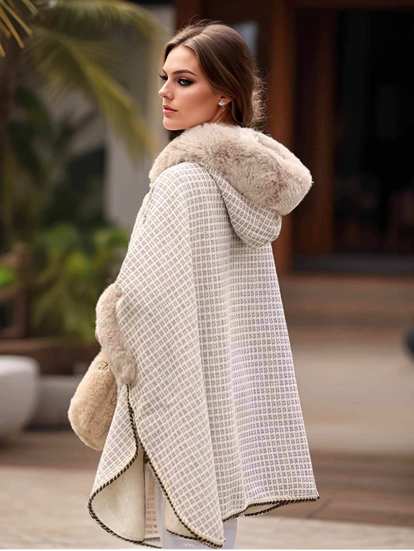 Women's Autumn and Winter Tweed Pattern Cape Imitation Otter Rabbit Fur Collar Fashion Casual Hooded Shawl