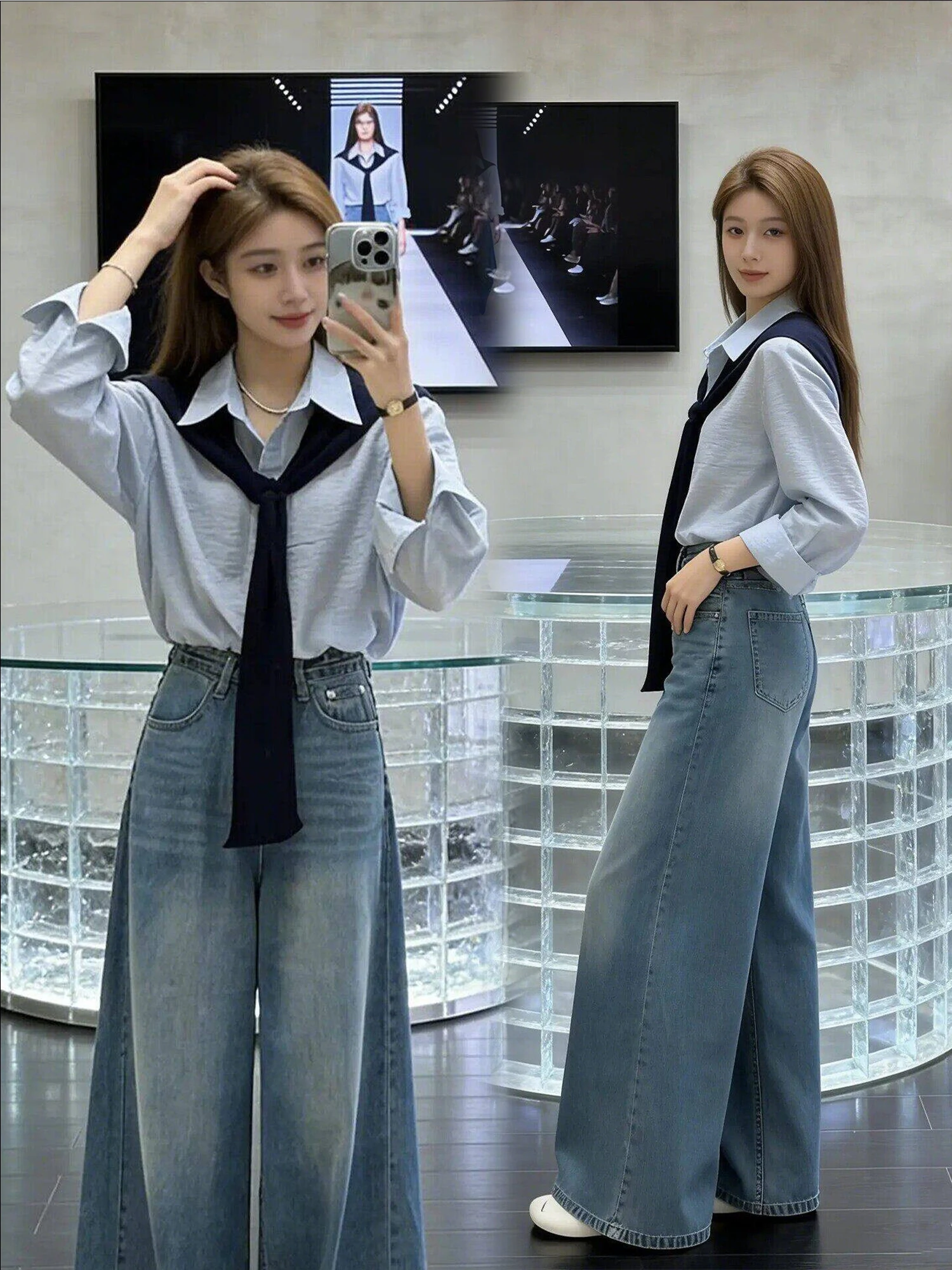

Korean Style Spring Autumn Fashion Shirt Cardigan High Waist Denim Pants Trendy Shawl Casual Look High Quality Polyester Fabric