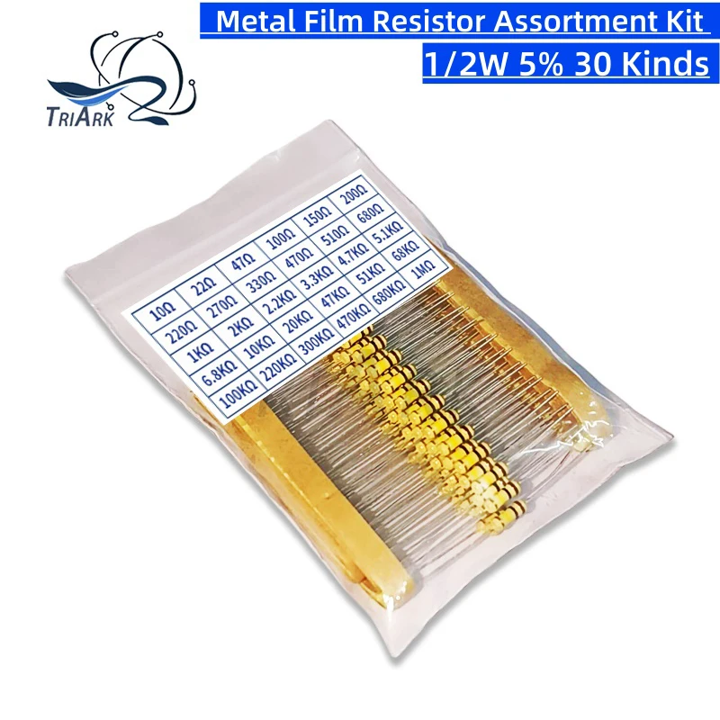 600PCS/set 30 Kinds 1/2W 5% Resistance Metal Film Resistor Pack Assorted Kit 10R 47R 100R 470R 680R 1K 10K 100K 1M Resistors