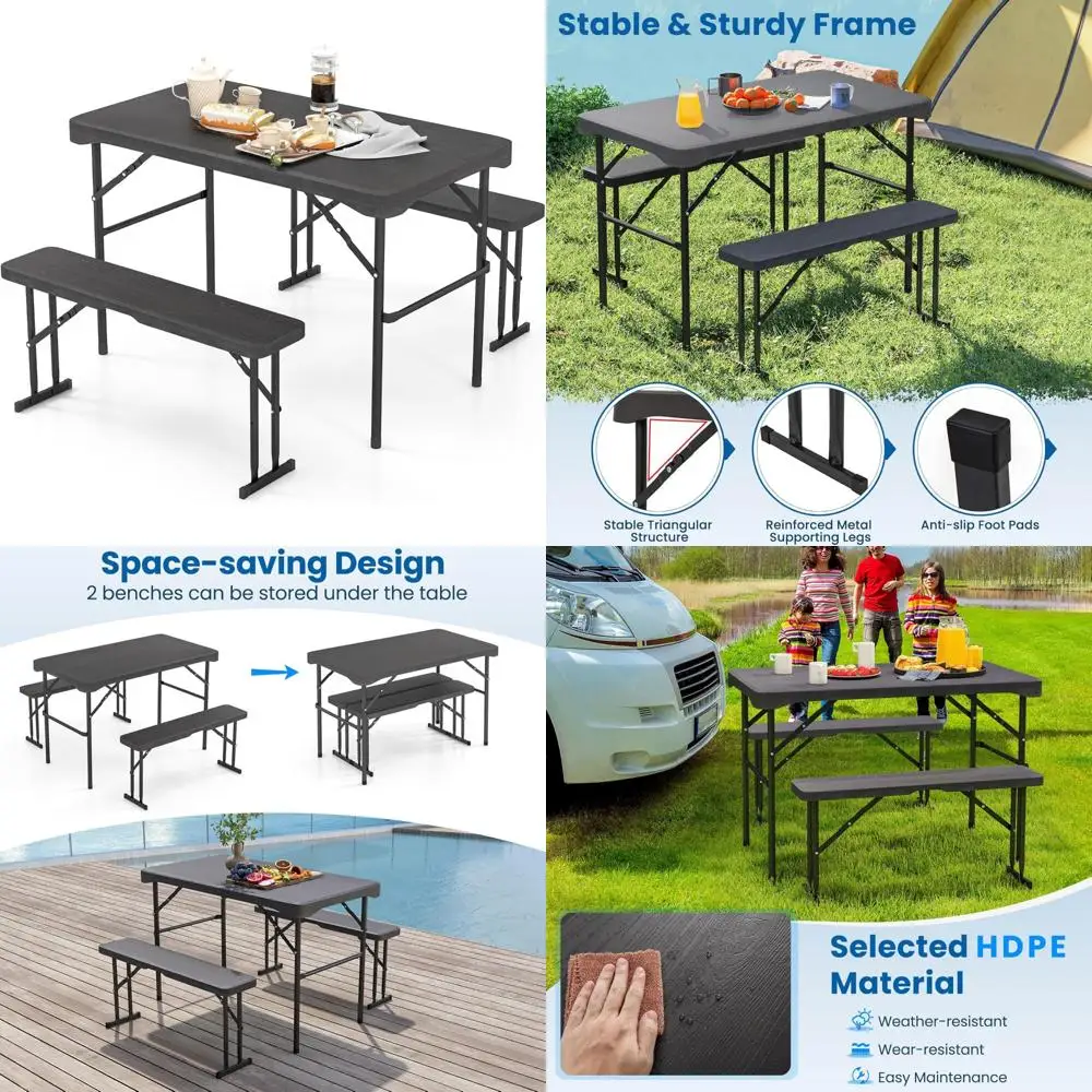 

Folding Picnic Table Set with HDPE Top, Sturdy Metal Frame, Seats 4, 3-Piece Outdoor Dining