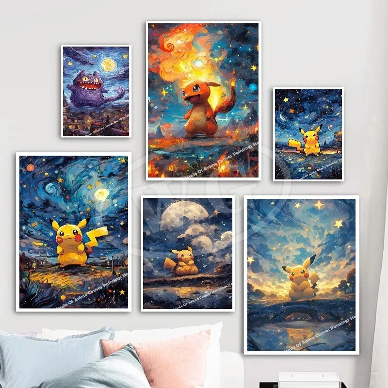 New Van Gogh Museum Pokemon Anime Figures Pikachu Watercolor Painting Canvas Posters and Prints Wall Art Picture for Living Room