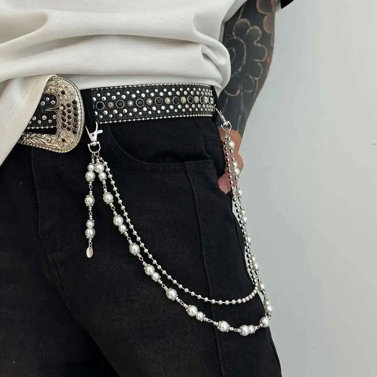 Salircon الشرير متعدد الطبقات تقليد اللؤلؤ جينز ساحر السراويل المفاتيح الرجال القوطي الخصر سلسلة حقيبة المحفظة سلسلة الذكور المجوهرات الجرونج