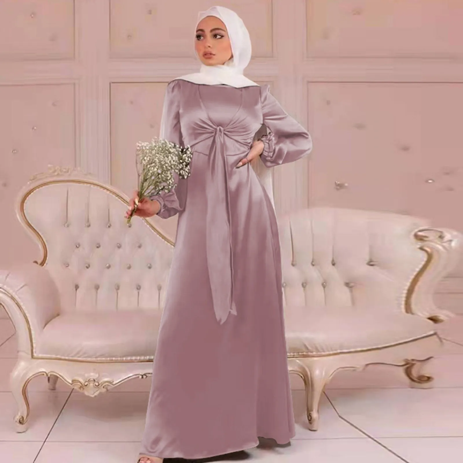 Women Muslim Satin Dress Soft Elegant Solid Long Dress Loose Waist Lace Up Casual Elegant Party Dress Hijabs for Girls S-2XL