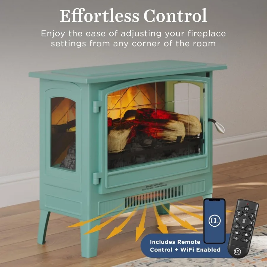 Infrared Freestanding Electric Fireplace Stove Heater in Mineral Blue with Metal Design and Faux Wooden Logs Multiple Flame Col