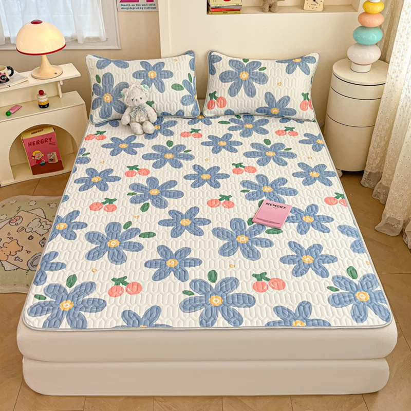 Korean-style Floral Printed Natural Latex Summer Cooling Pad with Cool-ice Texture. Single or Double Bed Cover Bed sheet