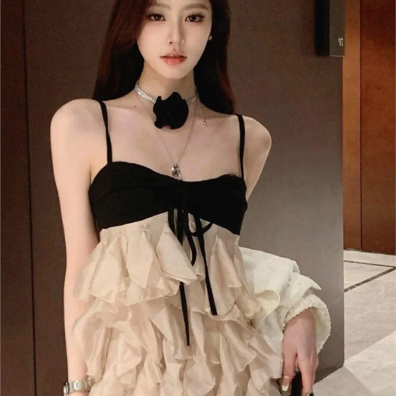 Temperament wind black powder color ruffled halter new fashion waist skirt