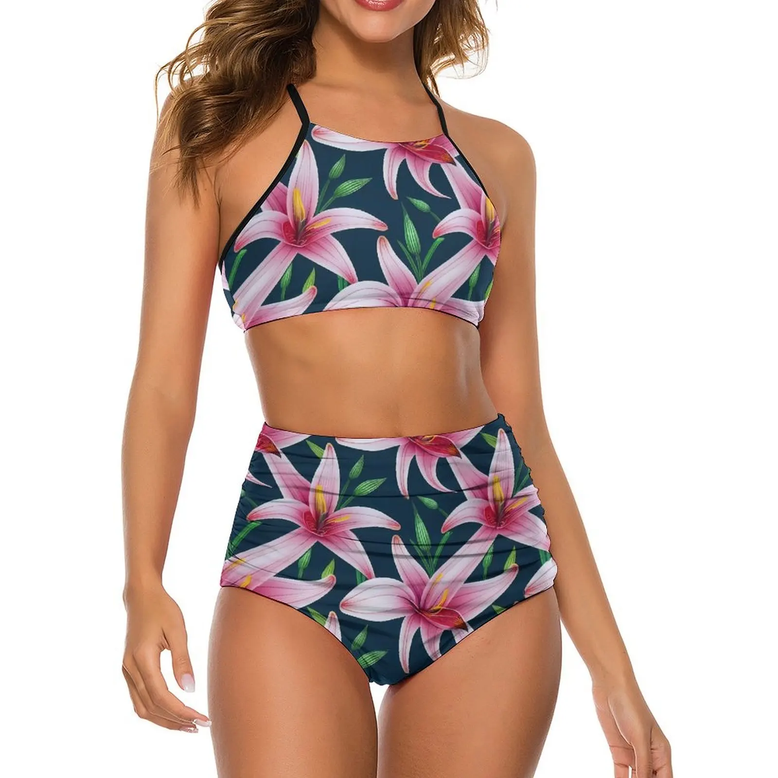 

Lily Floral Bikini Swimsuit Sexy Pink Flowers High Waist Bikini Set Women Two-Piece Swimwear Design Feminine Bikinis Beach Wear