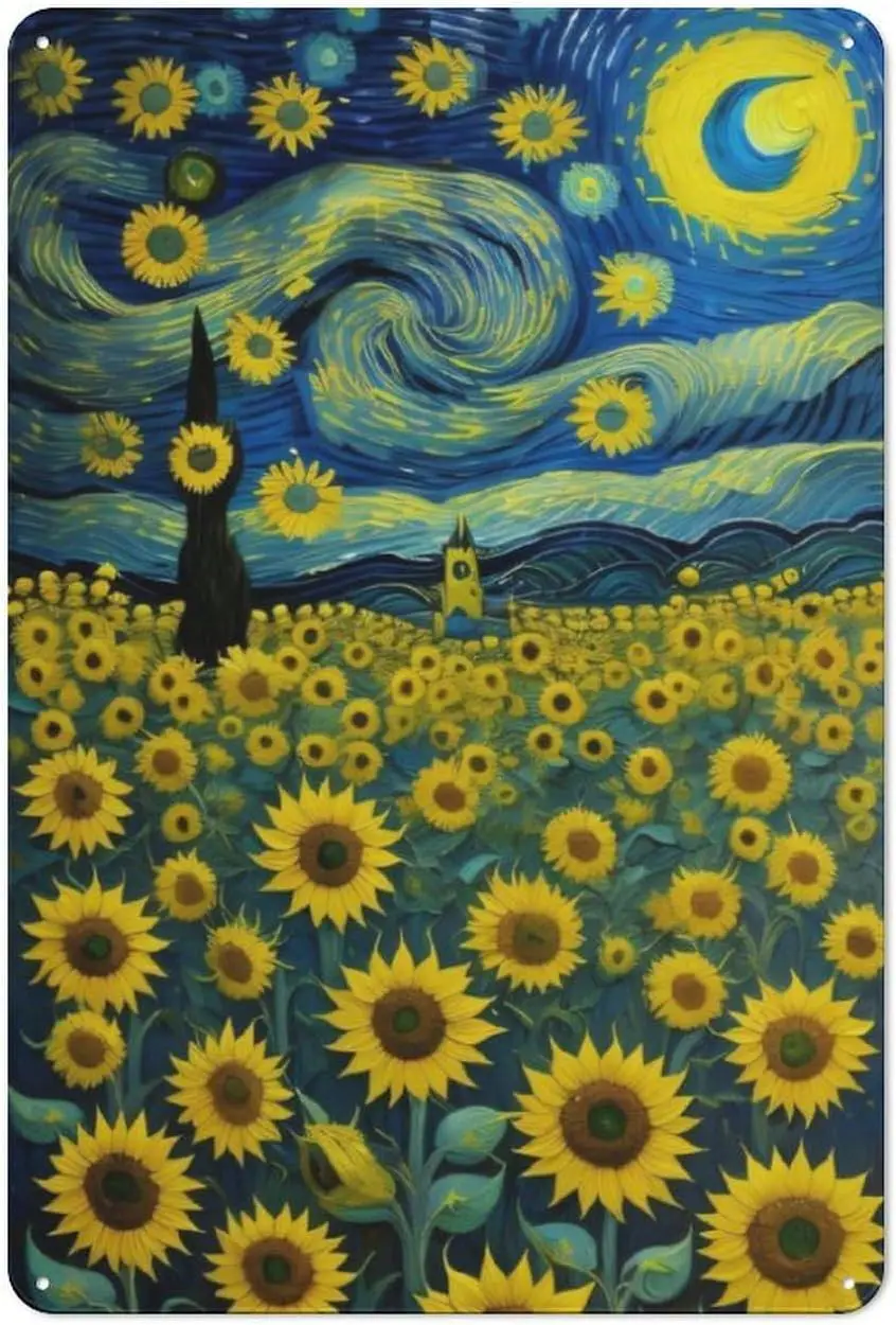 Y1,starry and sunflowers retro vintage metal iron sign coffee bar wall decor home office signs gift poster , 30x20cm, style-alum