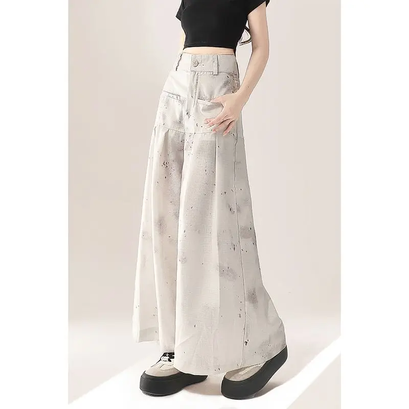 Tie Dye New Chinese Style Pants Skirt Women's New Retro White Loose Wide Leg Casual Design Long Pants