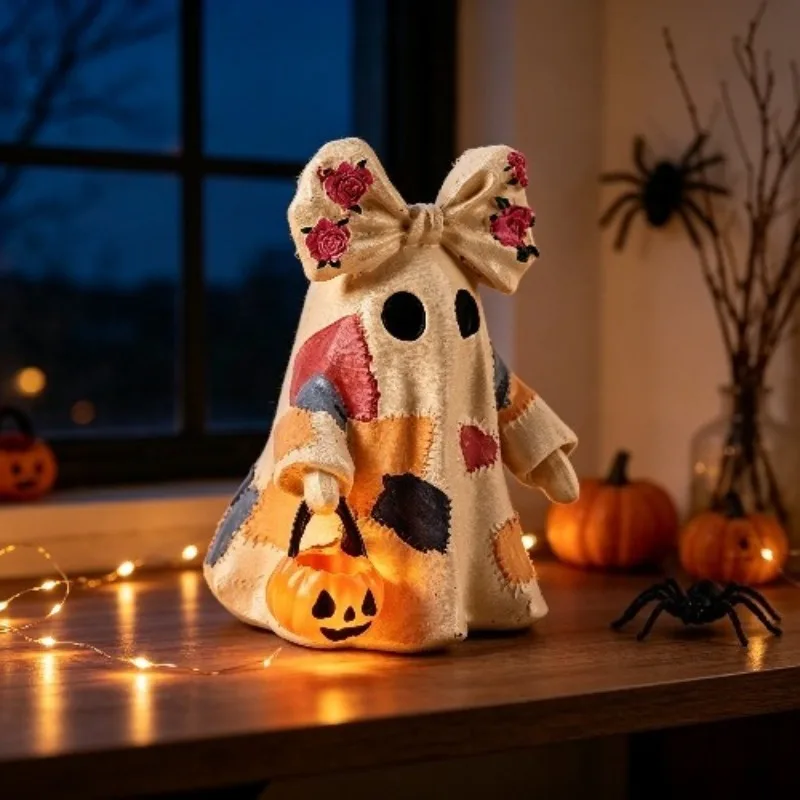 Halloween Patchwork Ghost Ornament, Spooky Ghost Figurine, Home Desktop Decor for Halloween Party Decoration