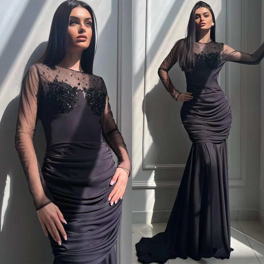 

Customized Simple Black Jersey Evening Dresses Exquisite O-Neck Long Sleeves Homecoming Dress Fashion Court Train Prom Dress