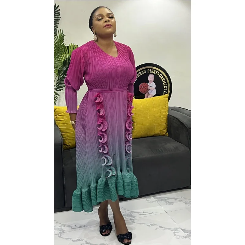 Miyake Pleated Elegant Dress for Women 2024 New Fashion Print Flower Gradient Color Dense Edge Loose Large Size Women's Dress