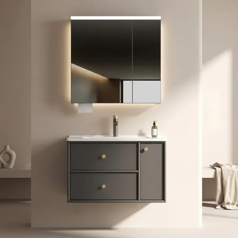 Customizable Waterproof Aluminum Bathroom Vanity Unit with Smart Mirror and Ceramic Basin Floating Design Zoned Storage