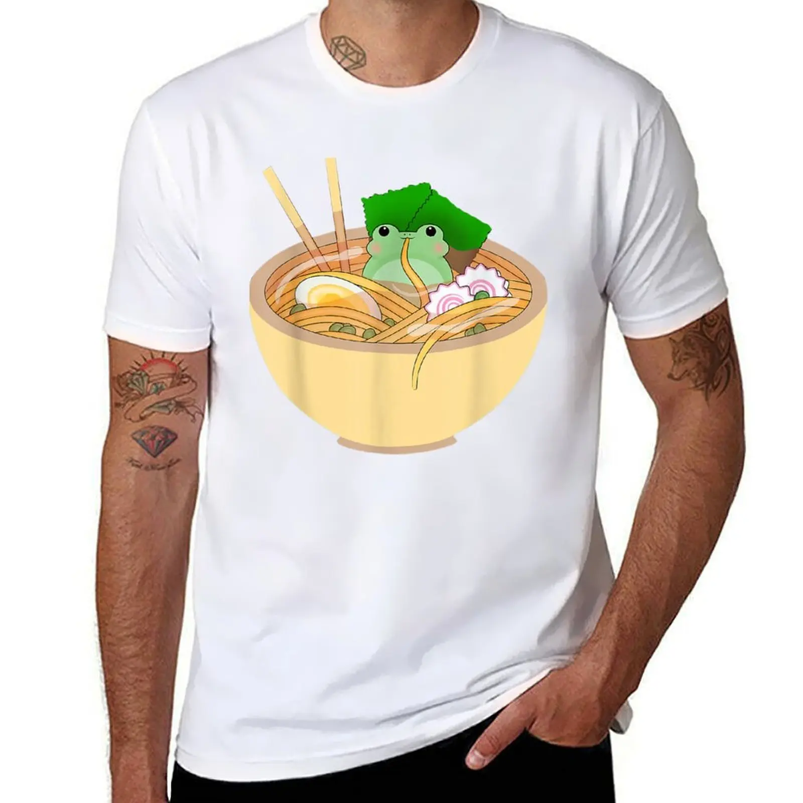 

Милая футболка Kawaii Frog Eating In Ramen Bowl, мужская футболка, хлопковая футболка, комплект футболок