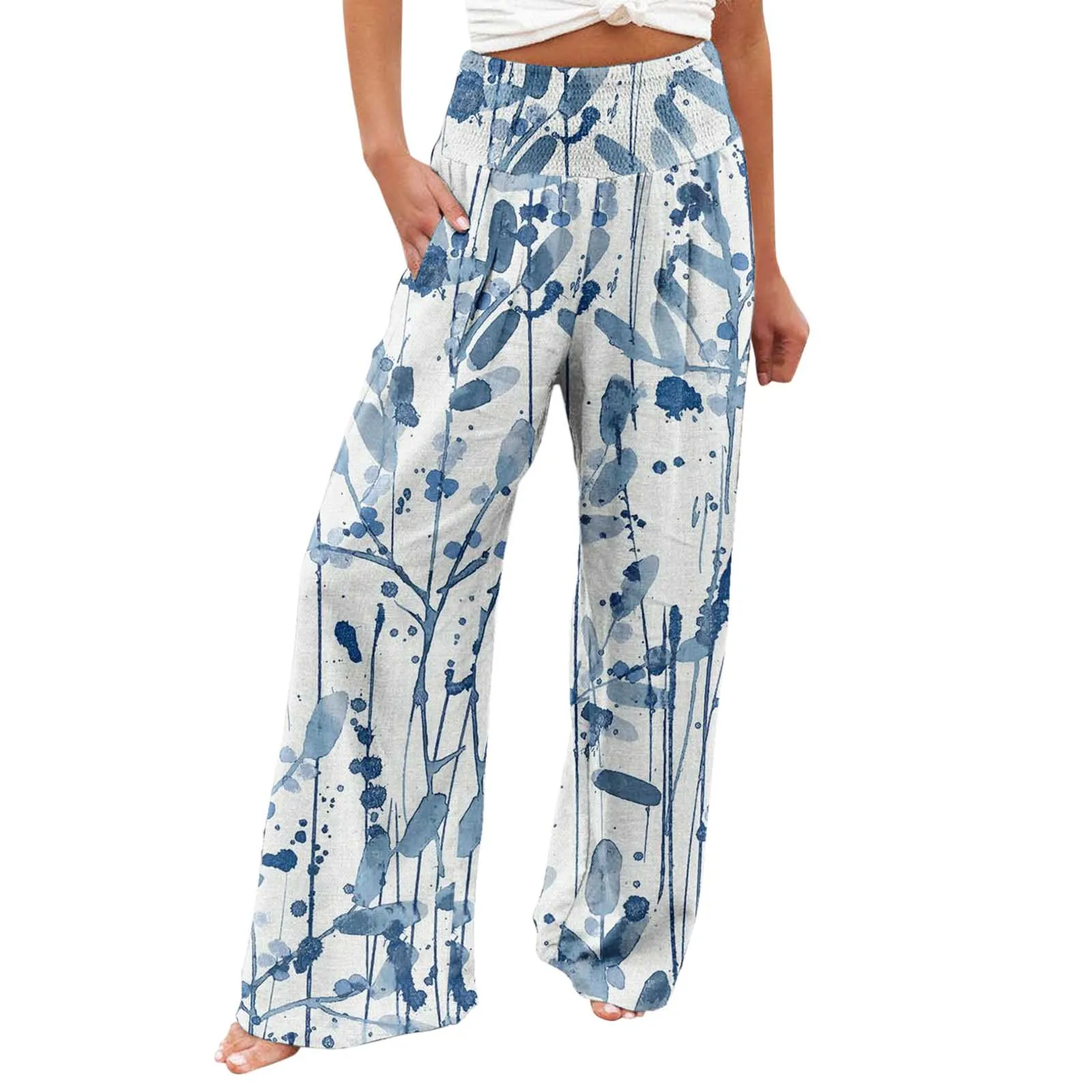 Wide Leg Floral Pants Woman Casual Summer Elastic High Waisted Cotton Linen Palazzo Pants Long Lounge Pant Trousers with Pockets