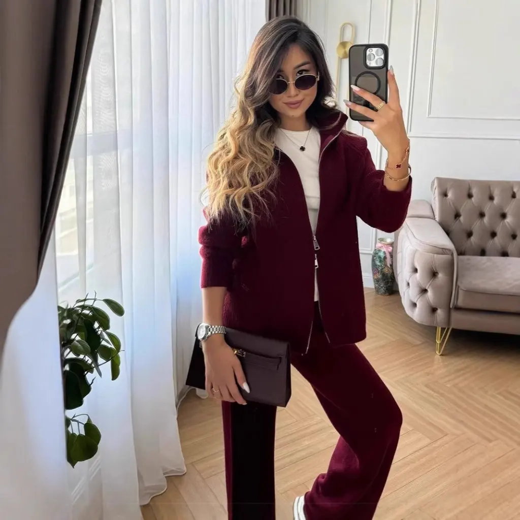 

Women's Angora Red Sweater Suit Casual Knitted Zipper Top Jacket with Wide Leg Pants European And American Style