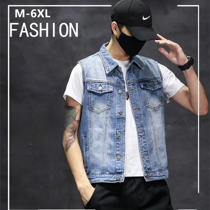 

Осенний мужской джинсовый жилет Ins, синий жилет 5XL 6XL, джинсовая куртка без рукавов, моторная ковбойская верхняя одежда для мальчиков и подростков больших размеров