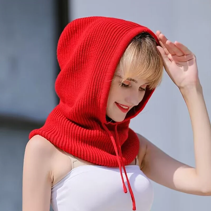 Cashmere wool hat, scarf, one piece, women\'s autumn and winter thickened knit Korean version warm hooded scarf, large fake hat