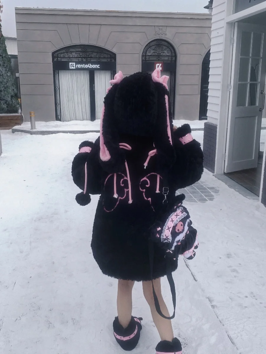 Japanese 2D Subculture Sweet Girl Y2k Winter Coats Cute Rabbit Ear Bow Hooded Embroidery Thickened Warm Plush Long Jackets Women