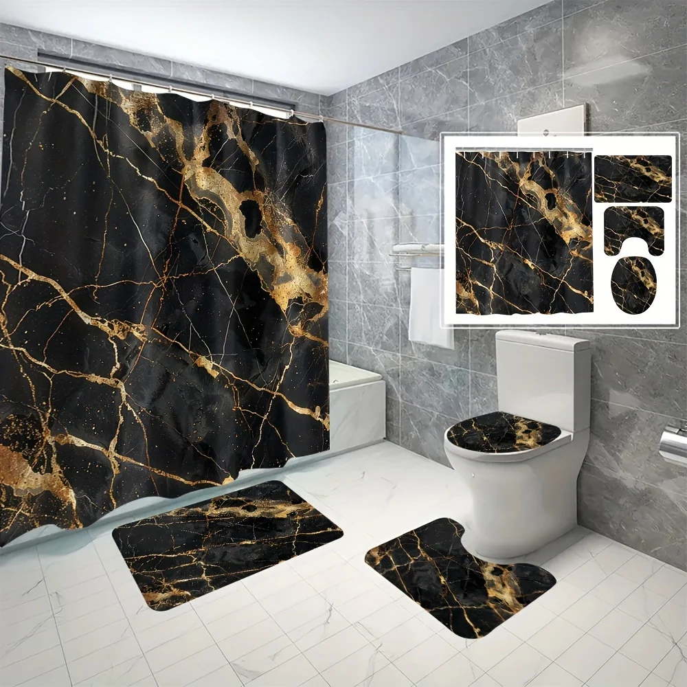 

4 pcs Black marbled digital print polyester waterproof bath curtain no hole partition bathroom four piece set