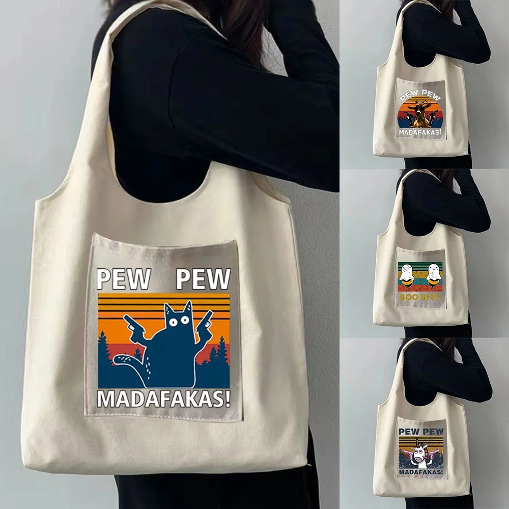 Fashion Canvas Bag Ladies Washable Printed Pocket Storage Debris Travel Portable Messenger Large-capacity Storage Bags Reusable