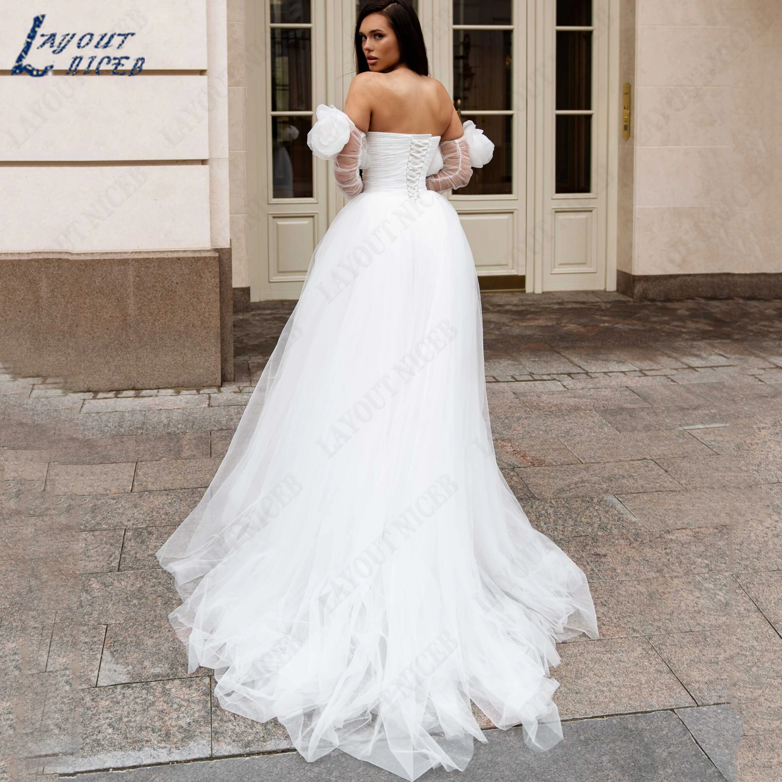 LAYOUT NICEB Customized Strapless A‑Line Wedding Dress Detachable Long Sleeve Bridal Gown Floral Tulle Bride Dresses Simple
