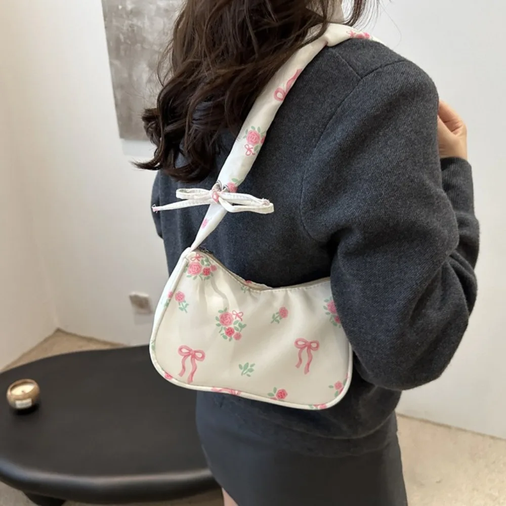 Korean Style Ruched Flower Pleated Underarm Bag Bowknot Sweet Nylon Handbag Portable Trendy Floral Shoulder Bag Girls