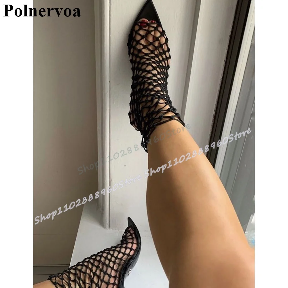 섹시한 하늘색 망사 포인티드 샌들 스틸레토 하이힐 여성용 슬립온 포인티드 토 서양 스타일 여성 샌들