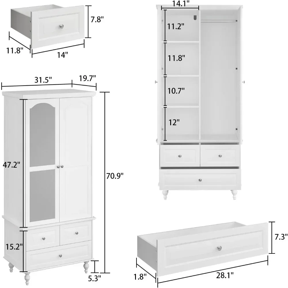 Wooden Wardrobe with Mirror, 2 Doors, 3 Drawers, 4-storey Storage Cube, and Bedroom Hanging Pole Closet Organizer