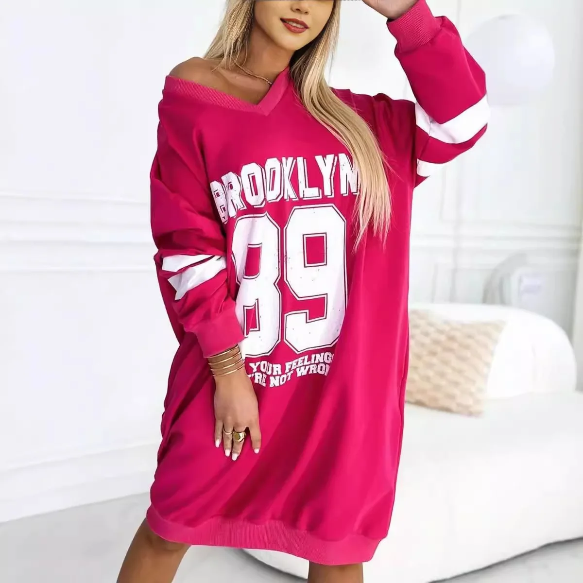 Summer New Print T-Shirt Dress For Women V-Neck Long Sleeve Sports Football Jersey Y2K Loose Oversized Top Fashion Hoodies Dress