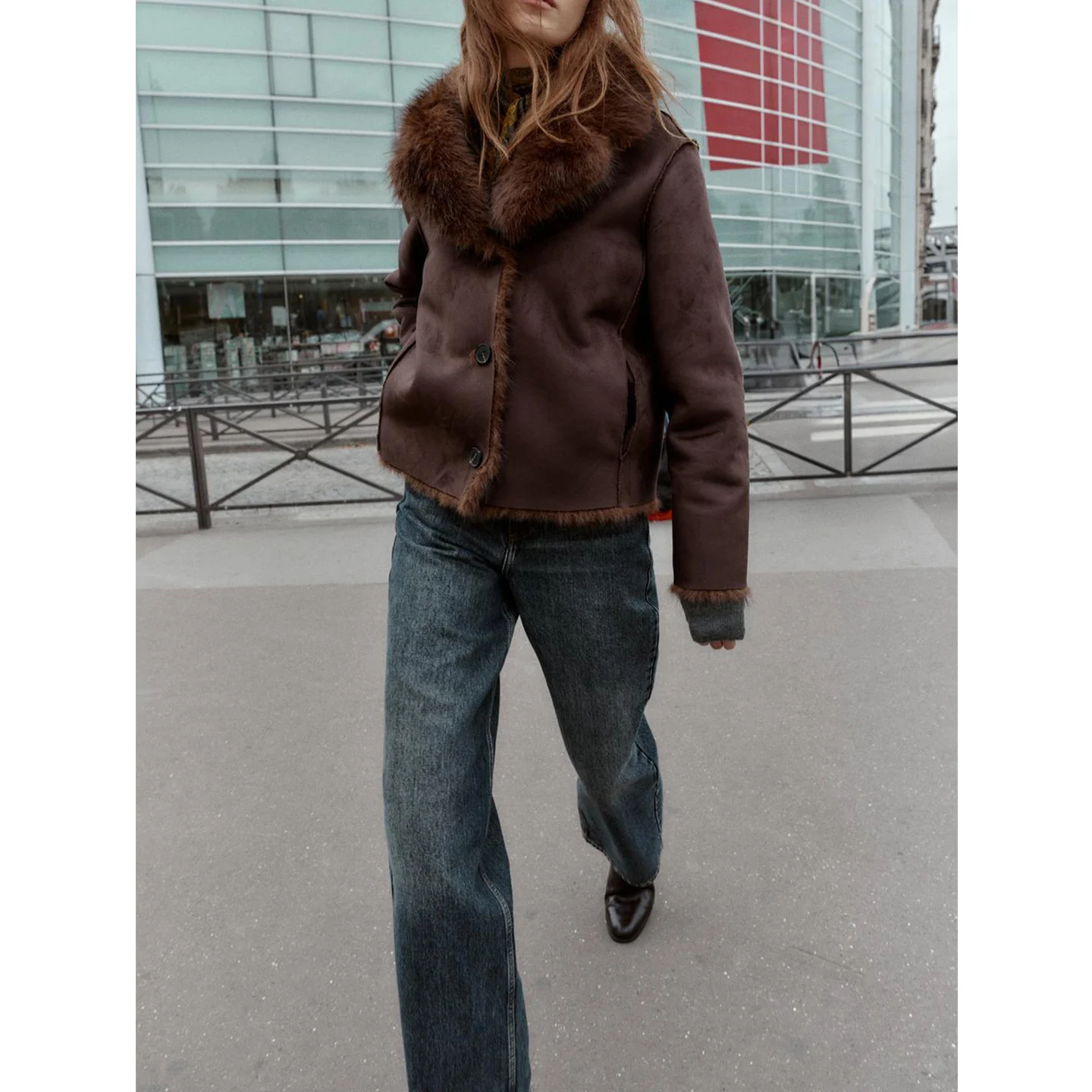 American Simple Sle Long col Sve Double face fourrure artificielle Jaet nouveau automne hiver femmes manteau chaud en Fiber de Polyester