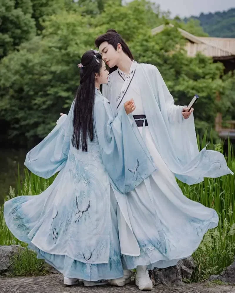 Пары Hanfu, традиционный китайский костюм для косплея, древний Hanfu, градиентный синий комплект из 3 предметов для мужчин и женщин, большие размеры 2XL