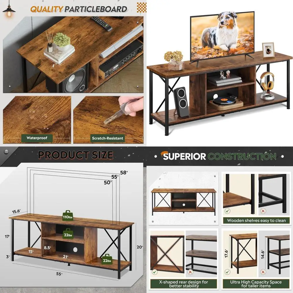 

65 TV Metal Entertainment Center - Rustic Brown, Adjustable Shelves & Cable Management