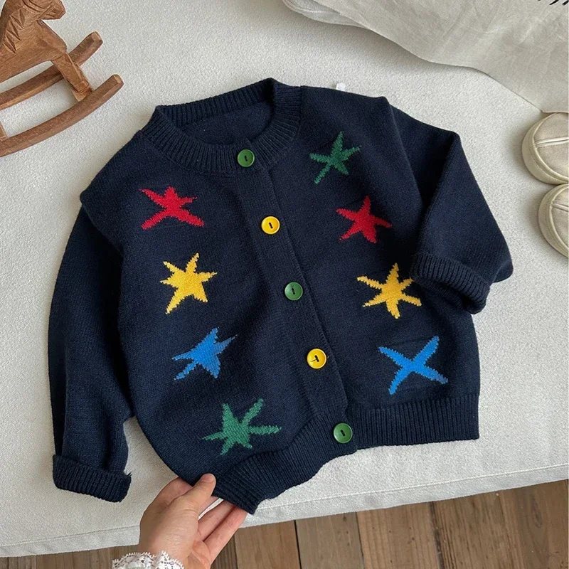 

2-6Yrs Kids Colored Stars Sweater Autumn Baby Knitted Sweater Cardigan Knit Tops Coat Children Girls Boys Knit Fashion Clothing