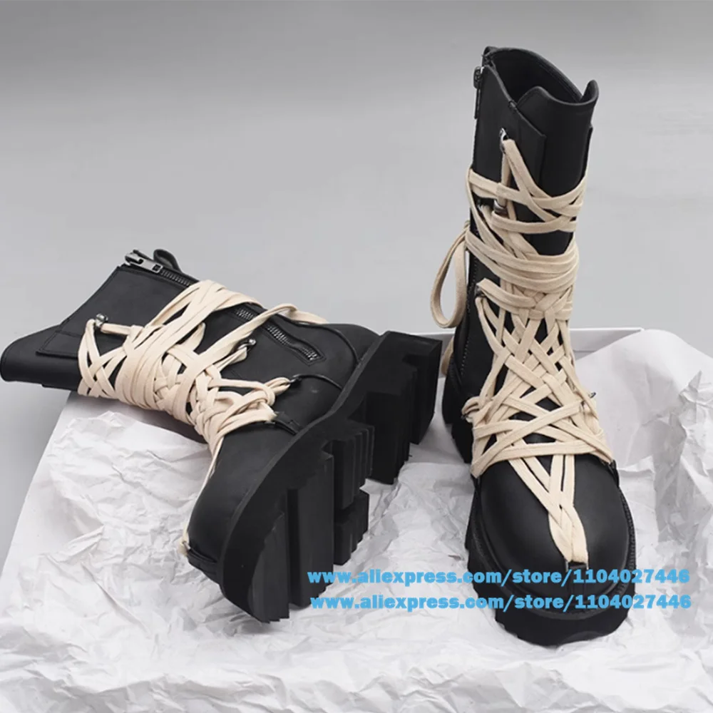 

Cross Strap Men's Boots Lace-Up Platform High-Top Thick-Soled Booties Brand Designer Novelty Luxury Handmade Booties Large Size