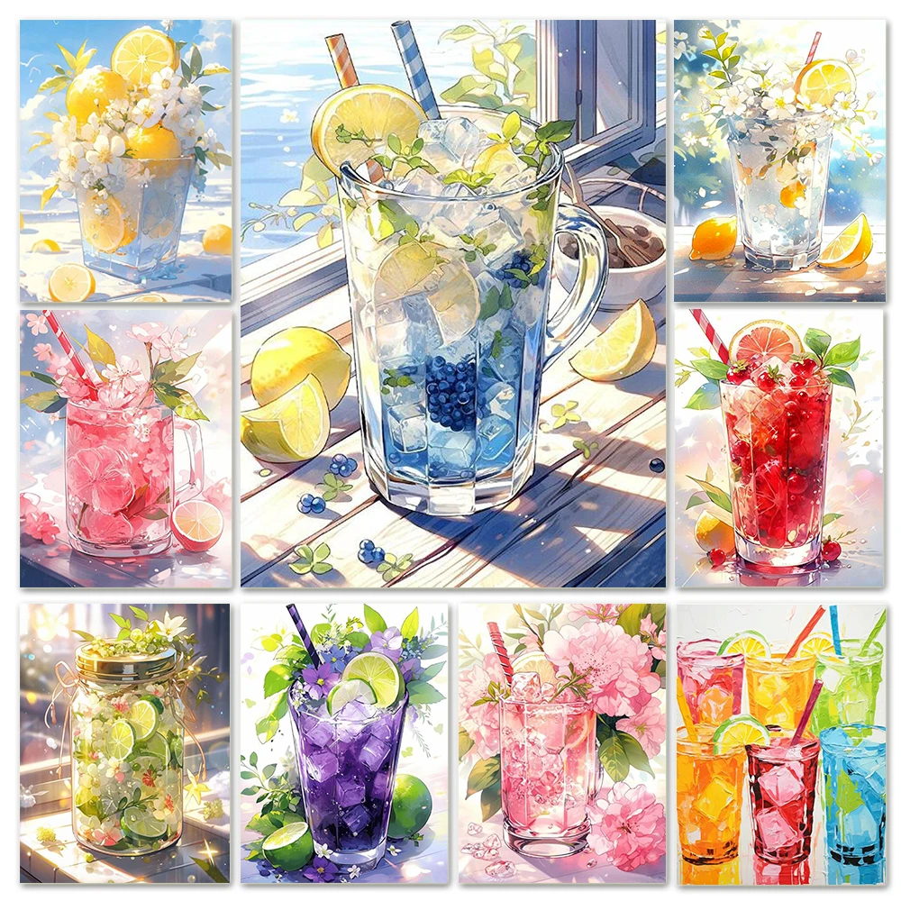 Cartoon Diamond Painting Diy Fruit Cup Mosaic Embroidered Beverage Full Diamond Embroidery Set Art Home Decoration Present  Set