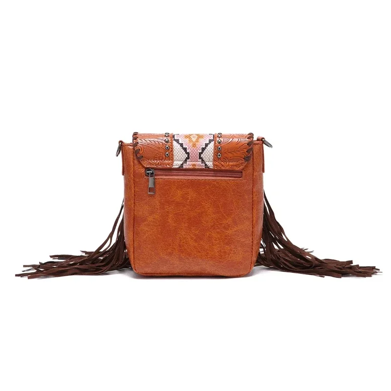 حقيبة يد نسائية صغيرة من جلد البقر النباتي مع شرابة رانجلر ويست هامش محفظة للنساء حقيبة كتف أزتيك