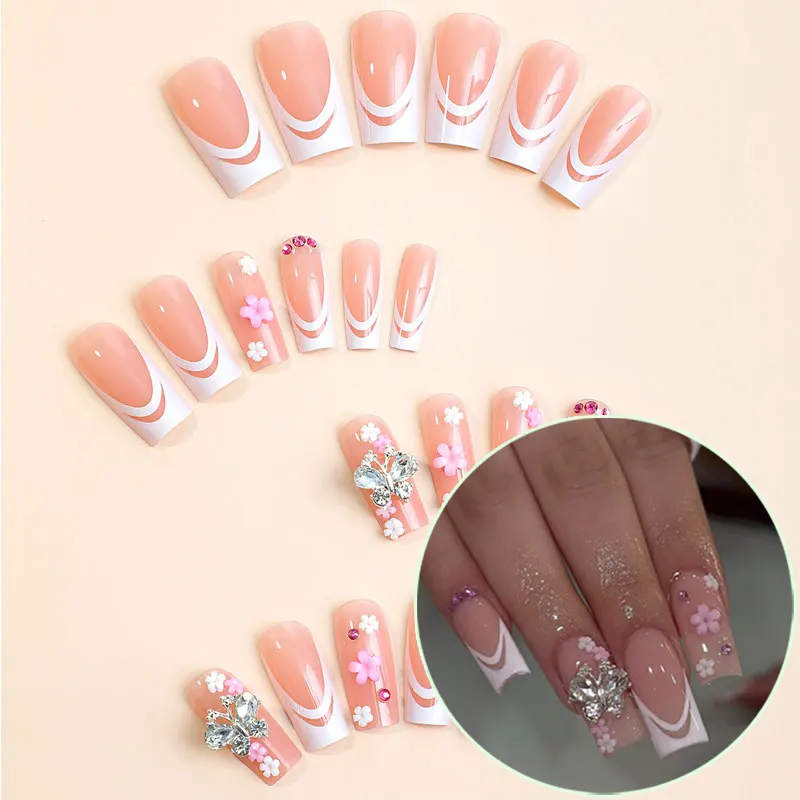 

24pcs/box Bow Diamond False Nails Pink White Flowers Edge Press On Nail Tips DIY Handmade Nail French Luxury Nail Accessories