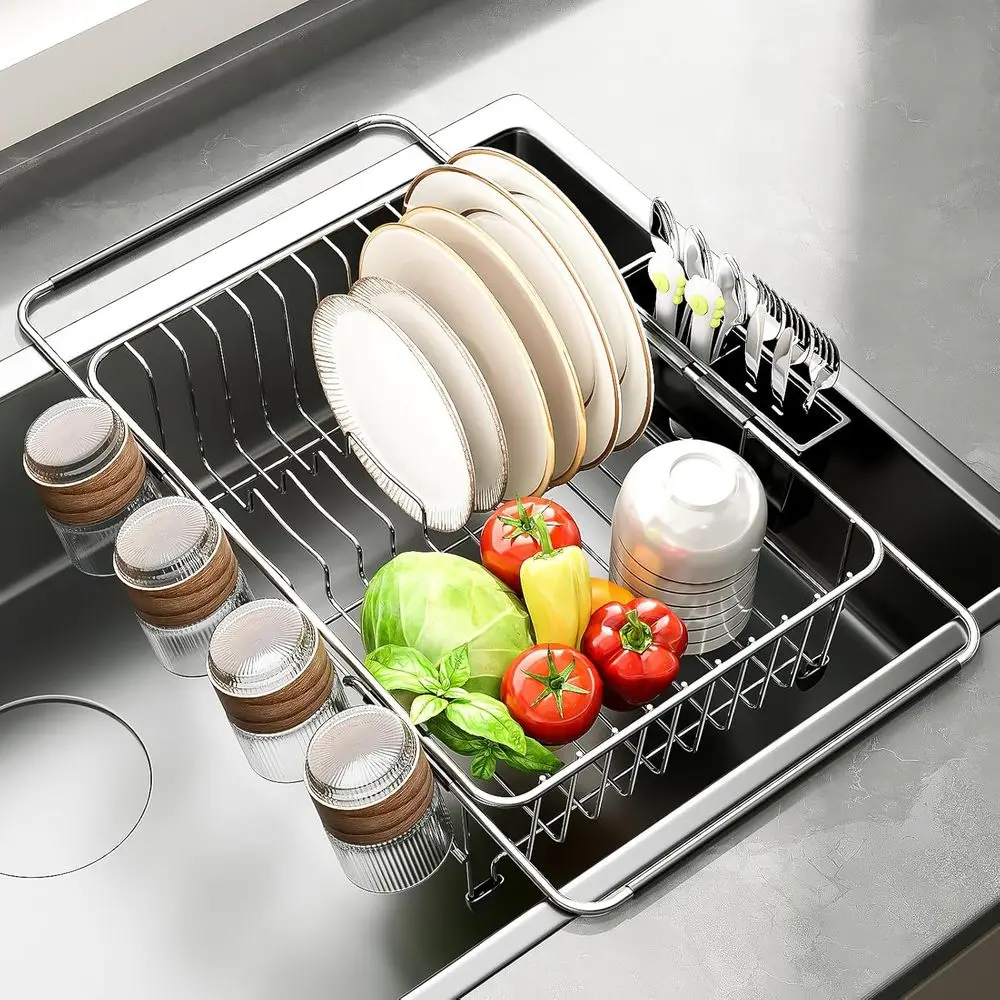 

Раздвижная сушилка для посуды над раковиной - регулируемая подставка для посуды из нержавеющей стали для кухонной столешницы или установки в раковину, сверхпрочная, устойчивая к ржавчине