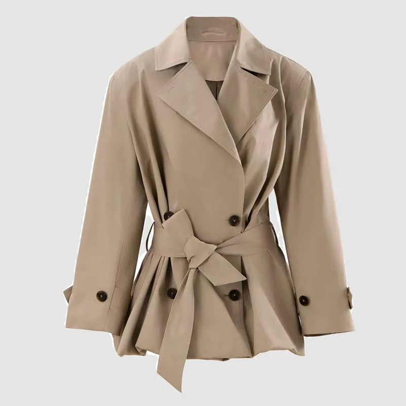 Women's short trench coat with a ruffled hem and tie-front detail, lapel-collar double-breasted jacket, high quality, 2026, y2k