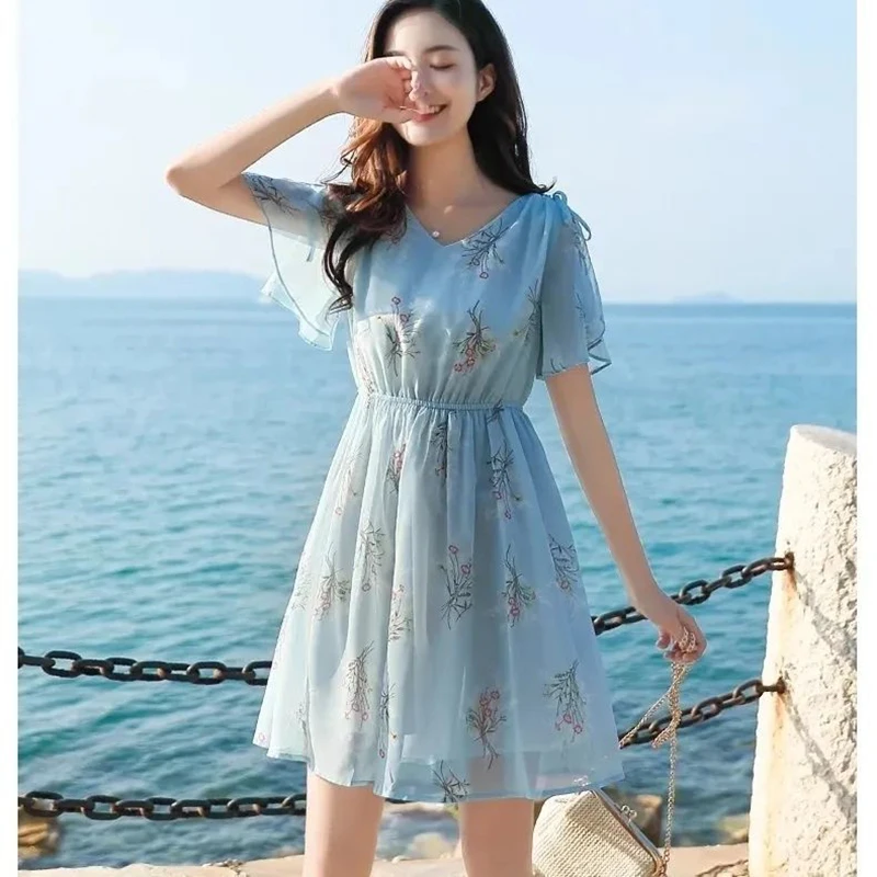 

Sweet V-Neck Printing Shirring Bow Chiffon Floral Dress Female Clothing 2024 Summer New Loose Butterfly Sleeve Princess Dress